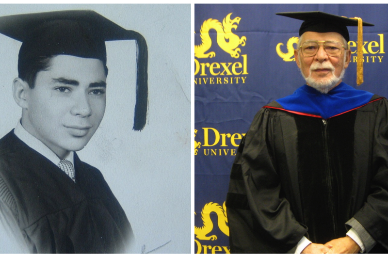 Edwin E.L. Gerber, PhD, pictured when he was 17 in 1952 and when he received Drexel's Harold Myers Service Award in 2013. Photos courtesy Edwin E.L. Gerber, PhD.